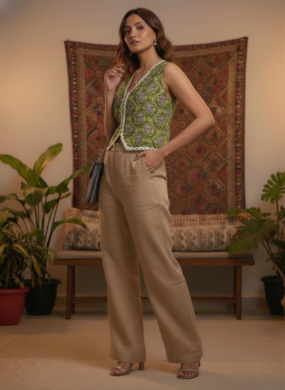 Women Green Lace Detailing Waistcoat Top