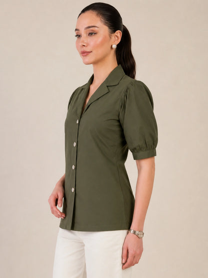 Women's Olive Solid Shirt Collar Puff Sleeve Button Front Regular Fit Casual Office Wear Top for Women