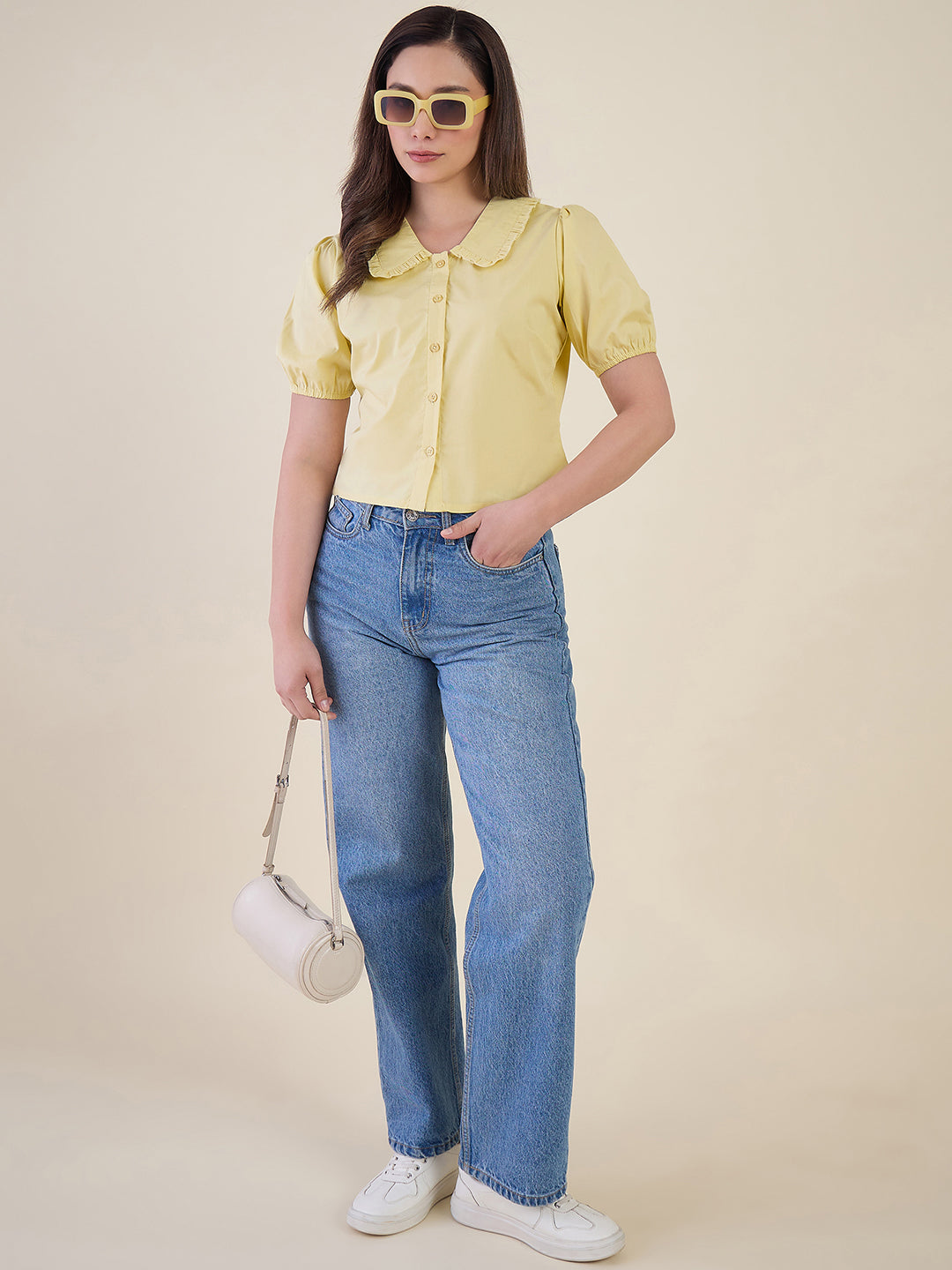 Women Yellow Ruffle Collar Puff Sleeve Top