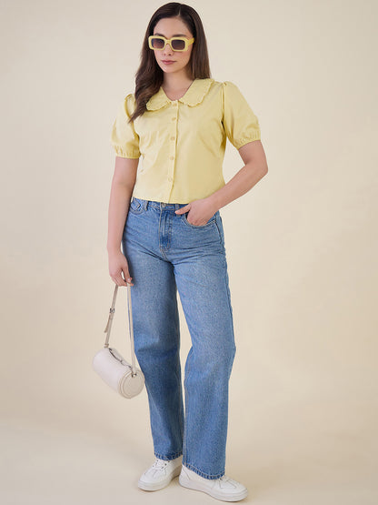 Women Yellow Ruffle Collar Puff Sleeve Top