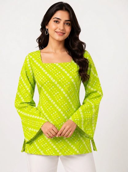 Women's Green Printed Corset Style Short Kurti with Square Neck, Full Bell Sleeves and Adjustable Back Tie-Up for Casual Wear