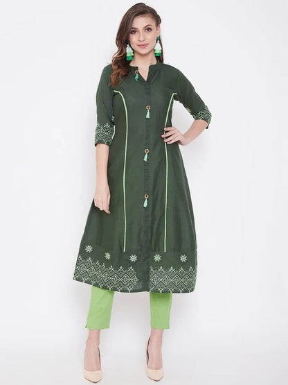 winered-dark-green-a-line-cotton-embroidered-kurta