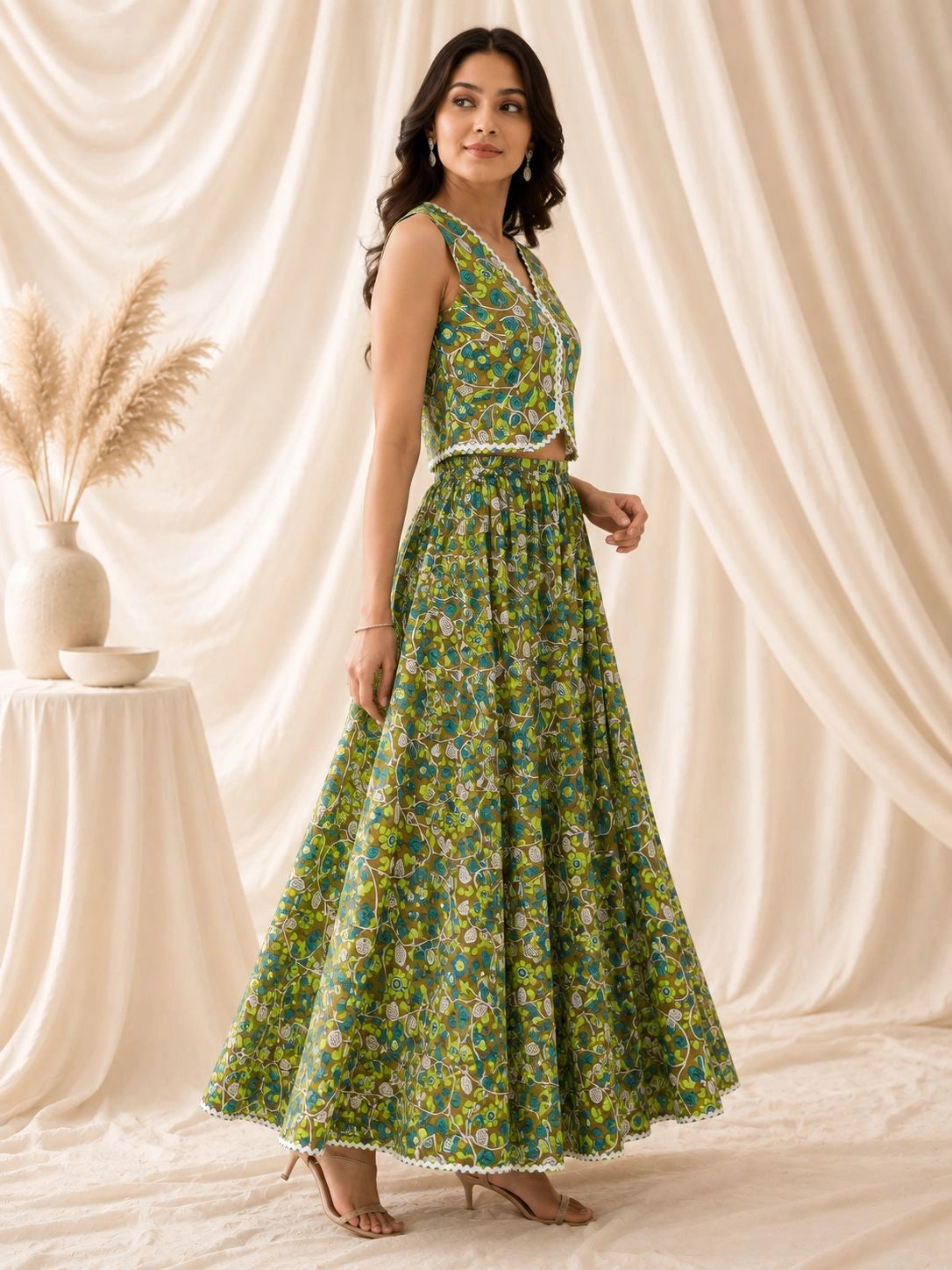 Women's Floral Printed Waistcoat Top and Maxi Skirt Co-Ord Set