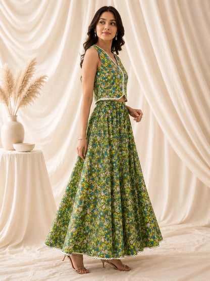 Women's Floral Printed Waistcoat Top and Maxi Skirt Co-Ord Set
