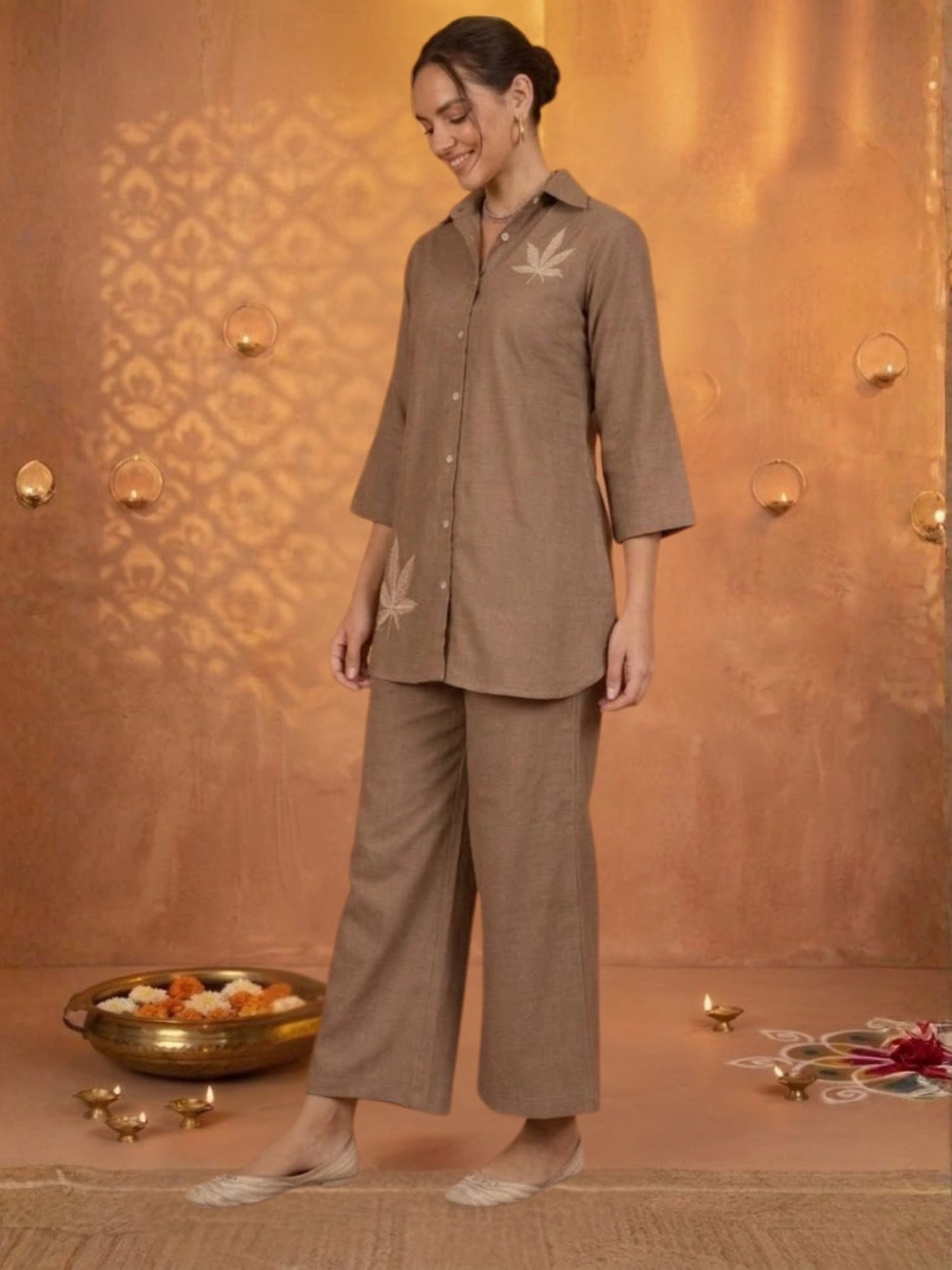 Women Solid Beige Leaf Embroidery Co-Ord Set