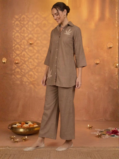 Women Solid Beige Leaf Embroidery Co-Ord Set
