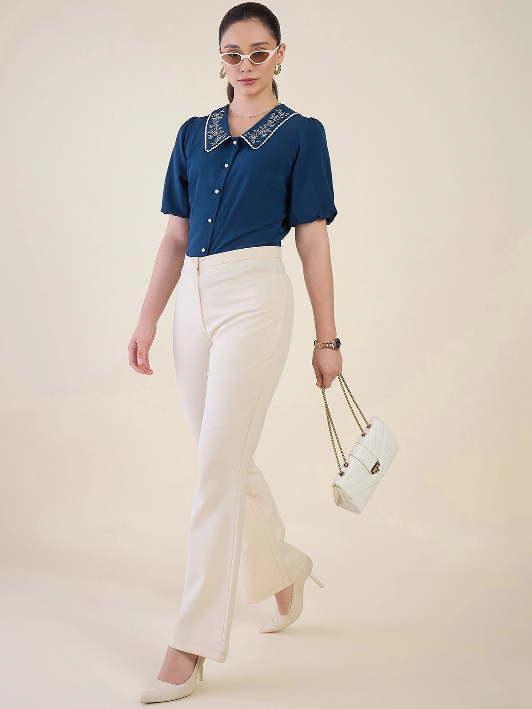 Women Blue Embriodered Collar Puff Sleeve Top
