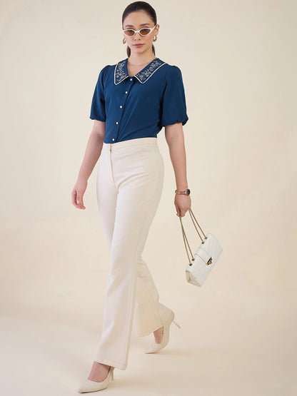 Women Blue Embriodered Collar Puff Sleeve Top