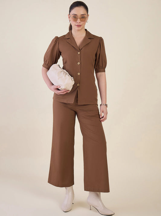 Women Brown Puff Sleeves Co-ord Set
