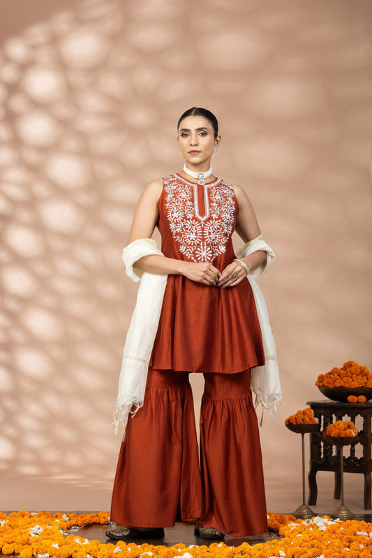 Women Rust Flared Kurta, Sharara and Dupatta Set