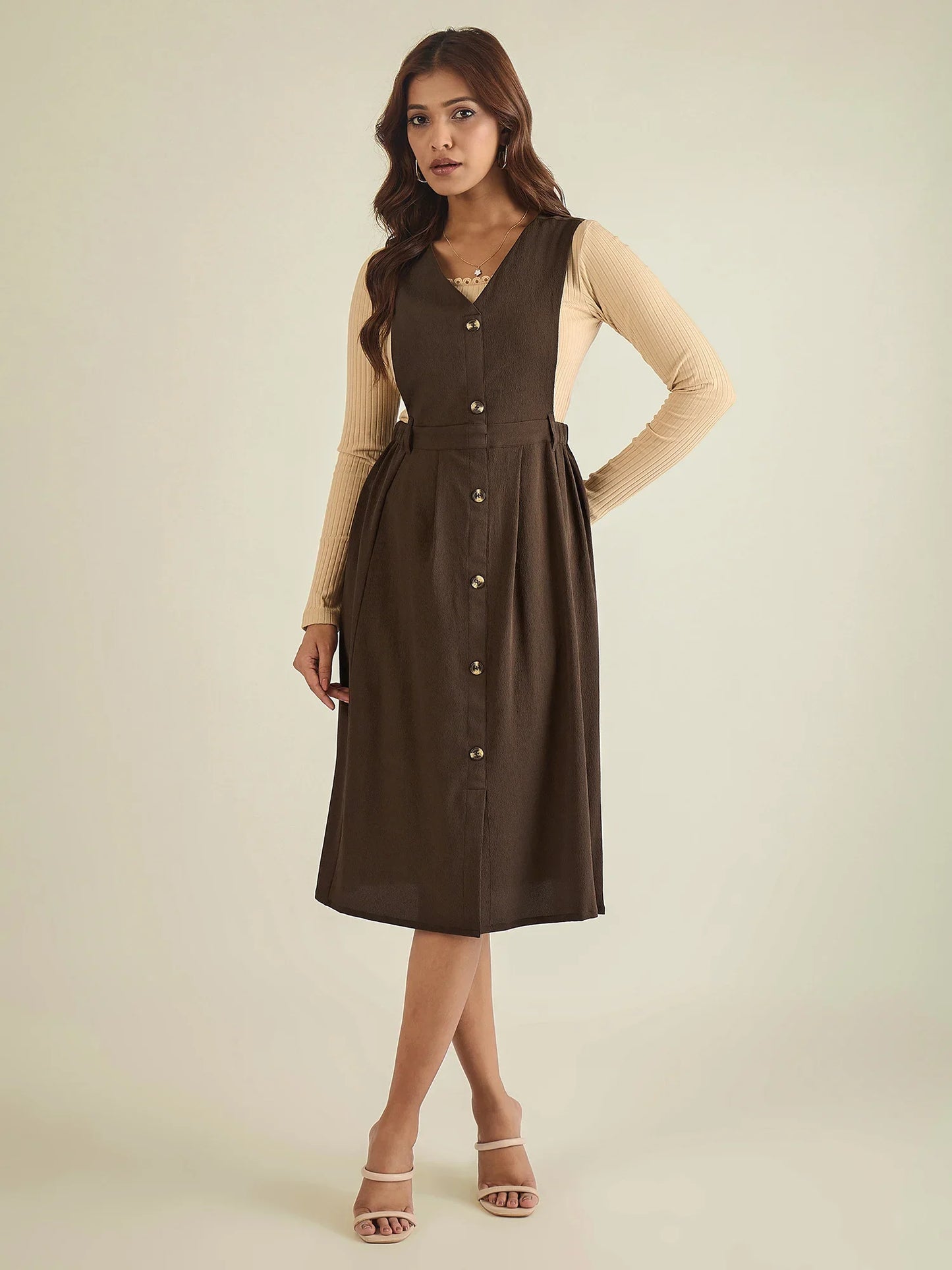 winered-women-brown-solid-pinafore-dress-with-button