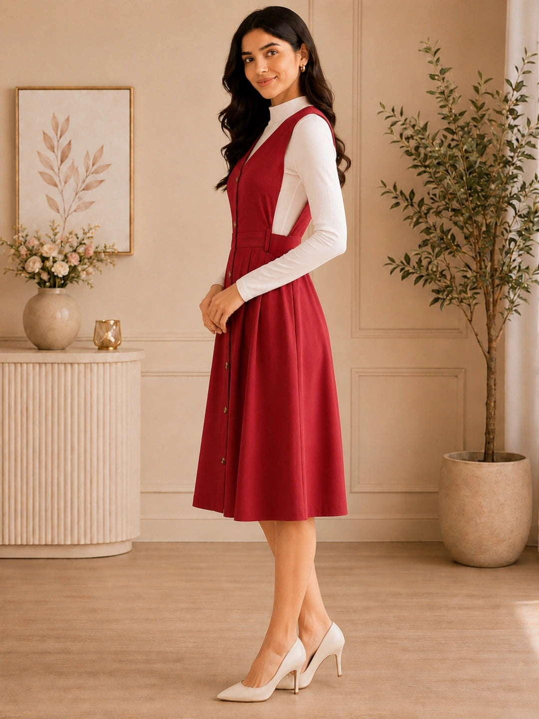 Women Solid Maroon Button-Down Pinafore Dress