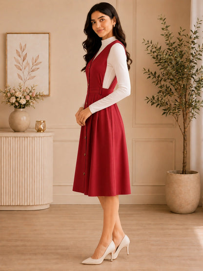 Women Solid Maroon Button-Down Pinafore Dress