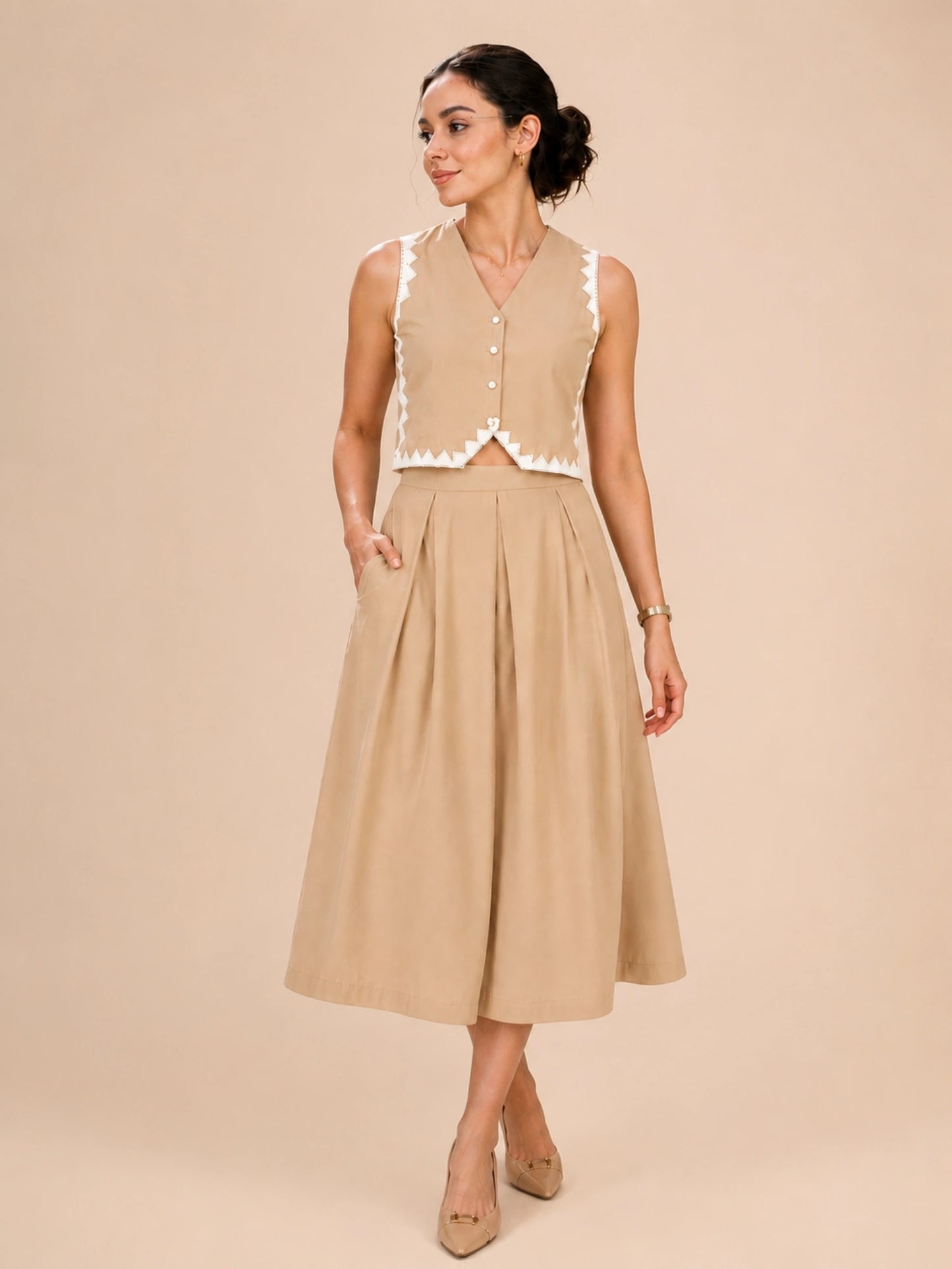 Women Beige Vest & Skirt Co-ord Set