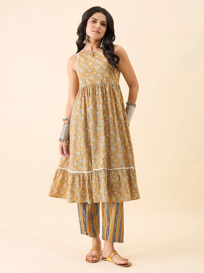 Women's Yellow Floral Printed Sleeveless A-Line Kurta with Palazzo Set | Round Neck Ethnic Wear | Casual & Festive Wear