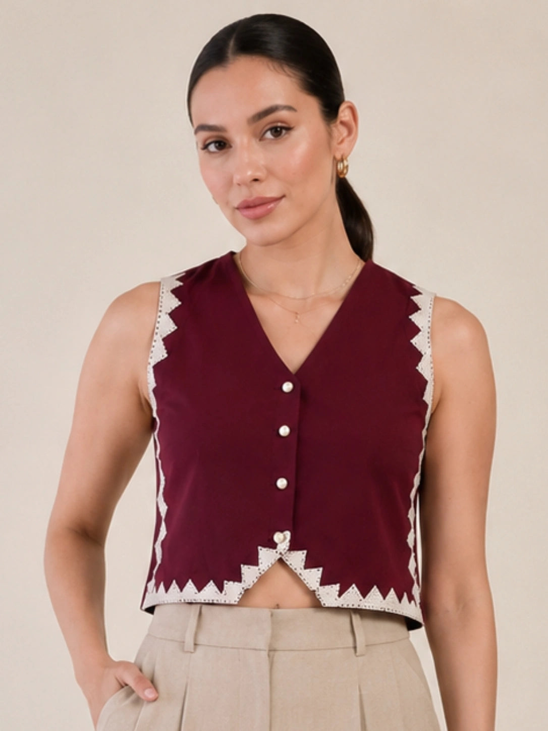 Women Solid Sleeveless V-Neck Lace Detail Waistcoat
