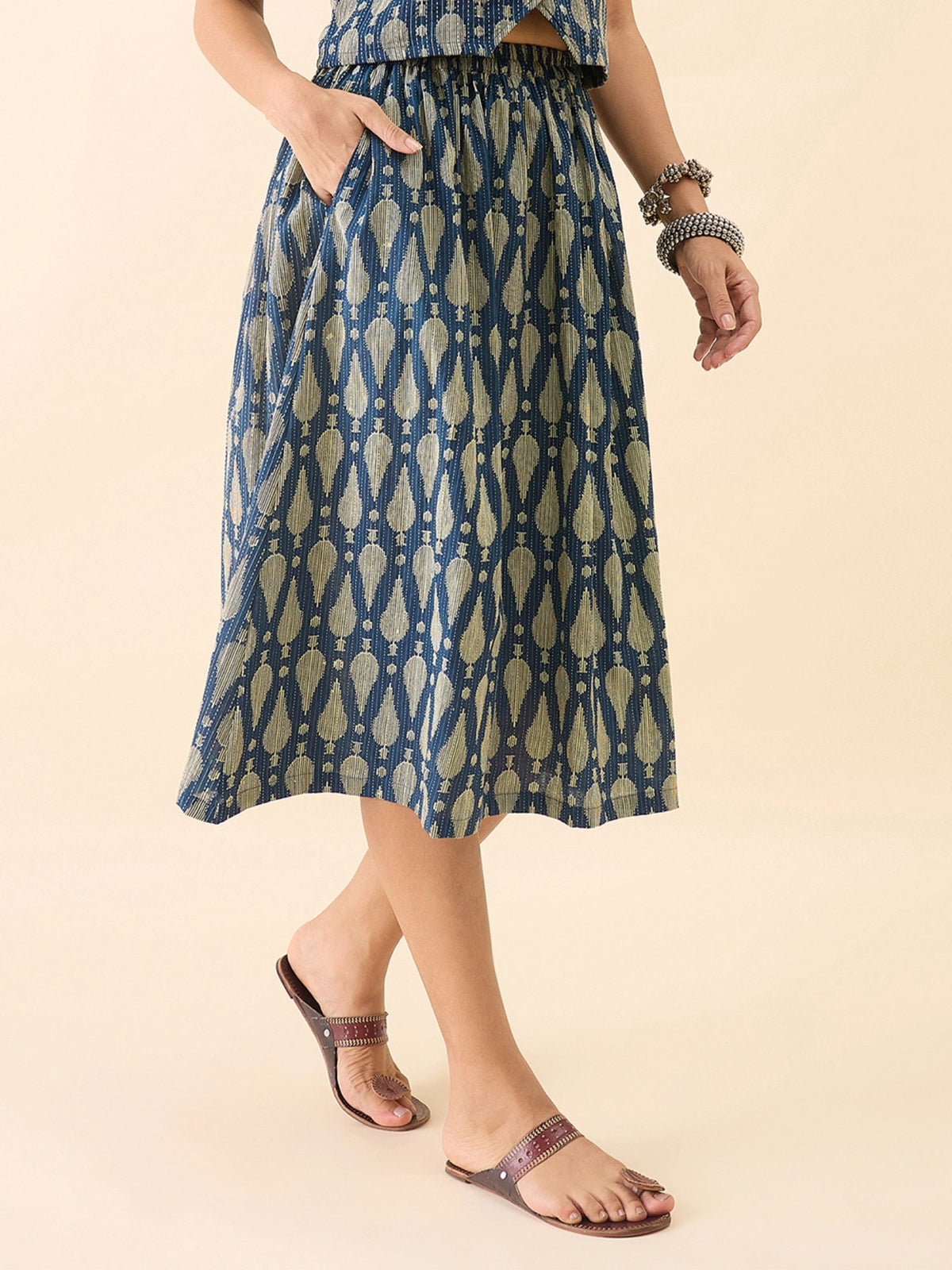 Women's Blue Ikat Printed Flared Midi Skirt with Elasticated Waistband