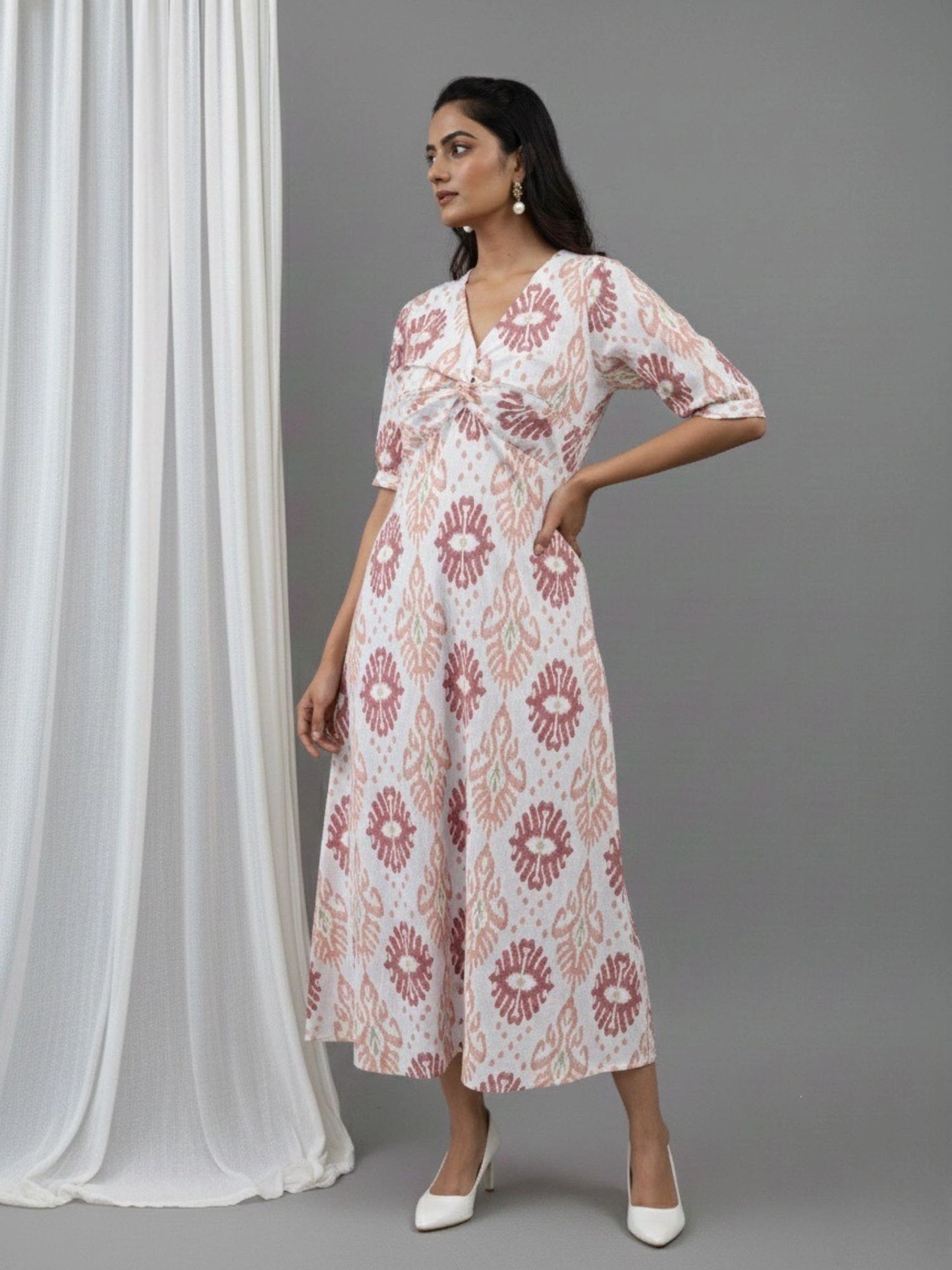 Women Cotton Ikat Printed Knotted Midi Dress