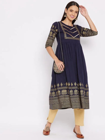 winered-dark-blue-flared-cotton-floral-print-kurta