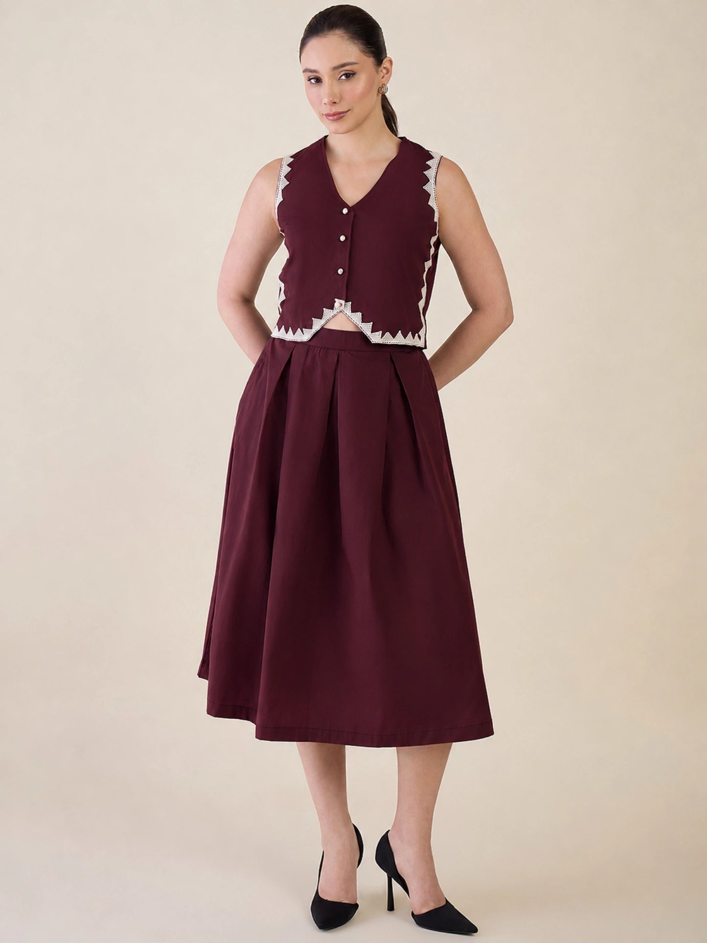 Women Burgundy Vest & Skirt Co-ord Set