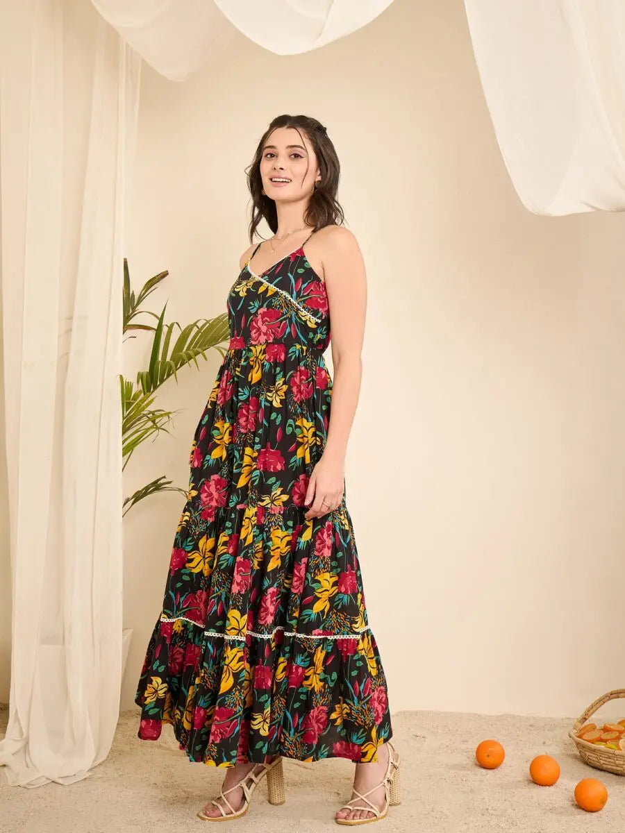 black-floral-printed-lace-strap-tiered-dress