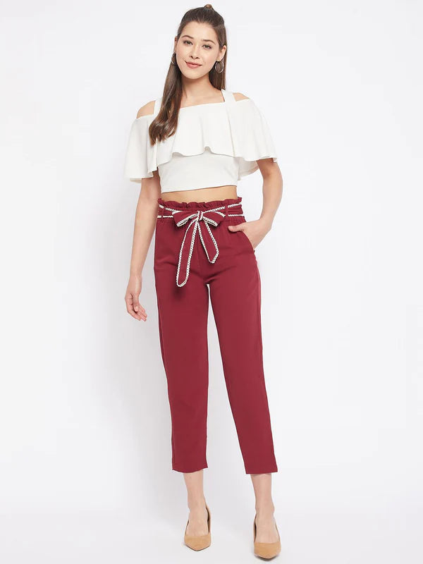 winered-women-maroon-trouser-with-lace-belt