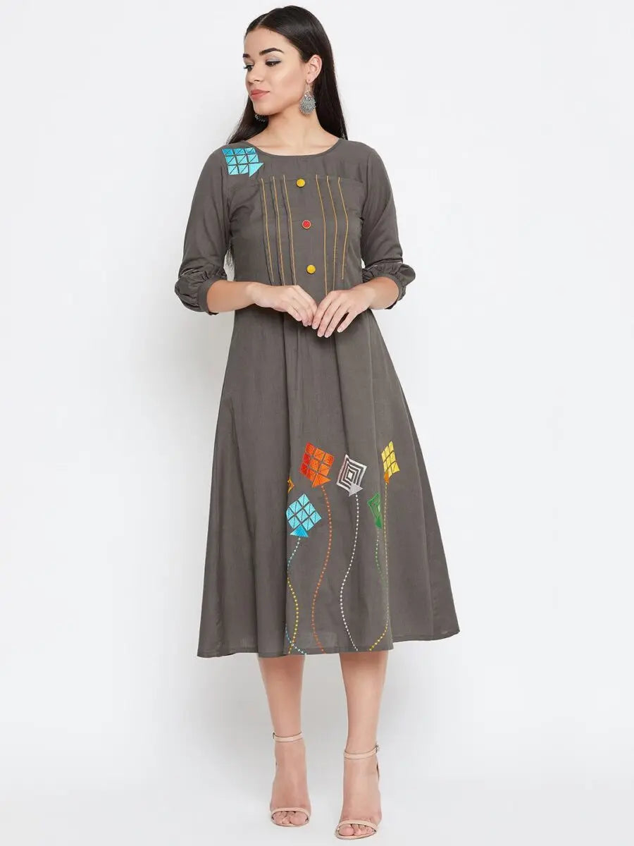 winered-grey-a-line-cotton-embroidered-dress