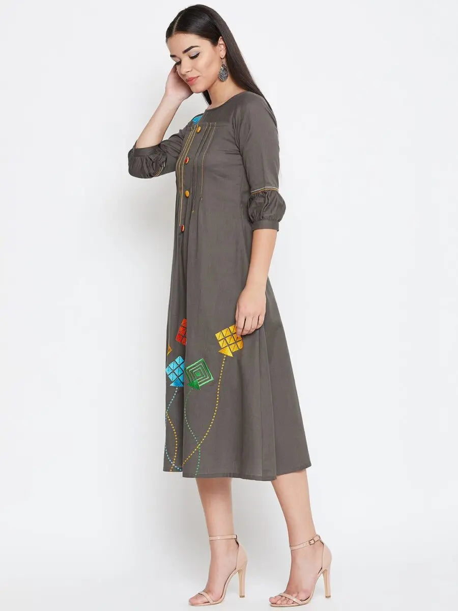 winered-grey-a-line-cotton-embroidered-dress