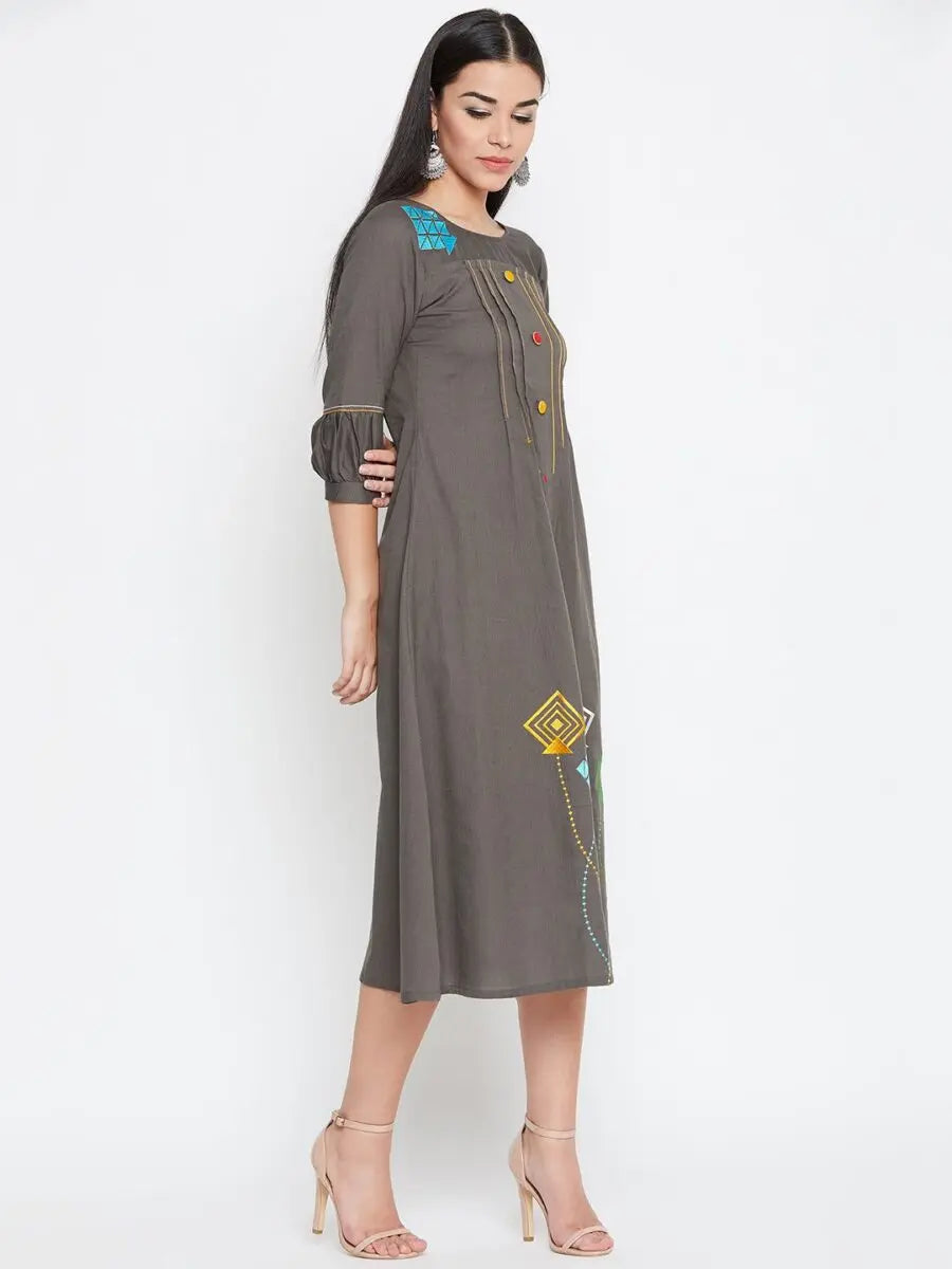 winered-grey-a-line-cotton-embroidered-dress