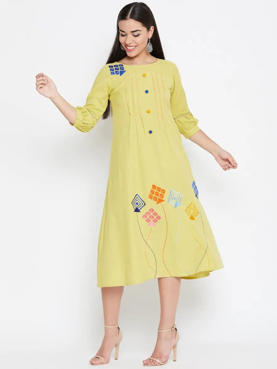 winered-yellow-a-line-cotton-embroidered-dress