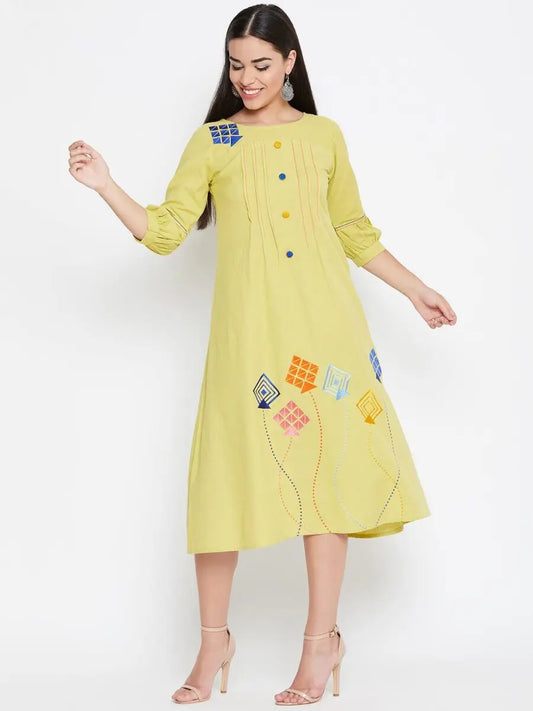 winered-yellow-a-line-cotton-embroidered-dress