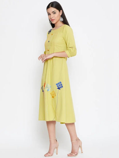 winered-yellow-a-line-cotton-embroidered-dress