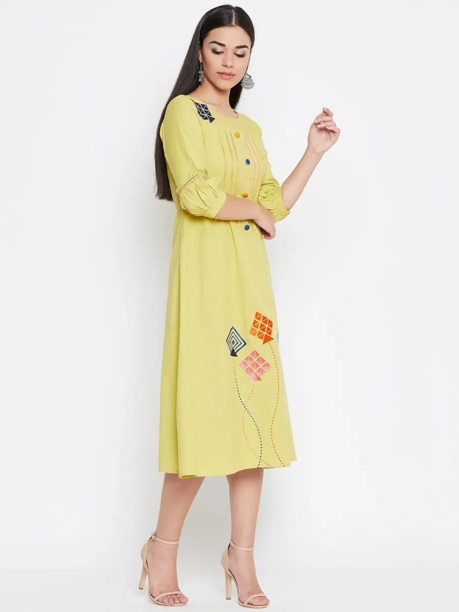 winered-yellow-a-line-cotton-embroidered-dress