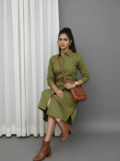 Women Green Side Silt Shirt Dress