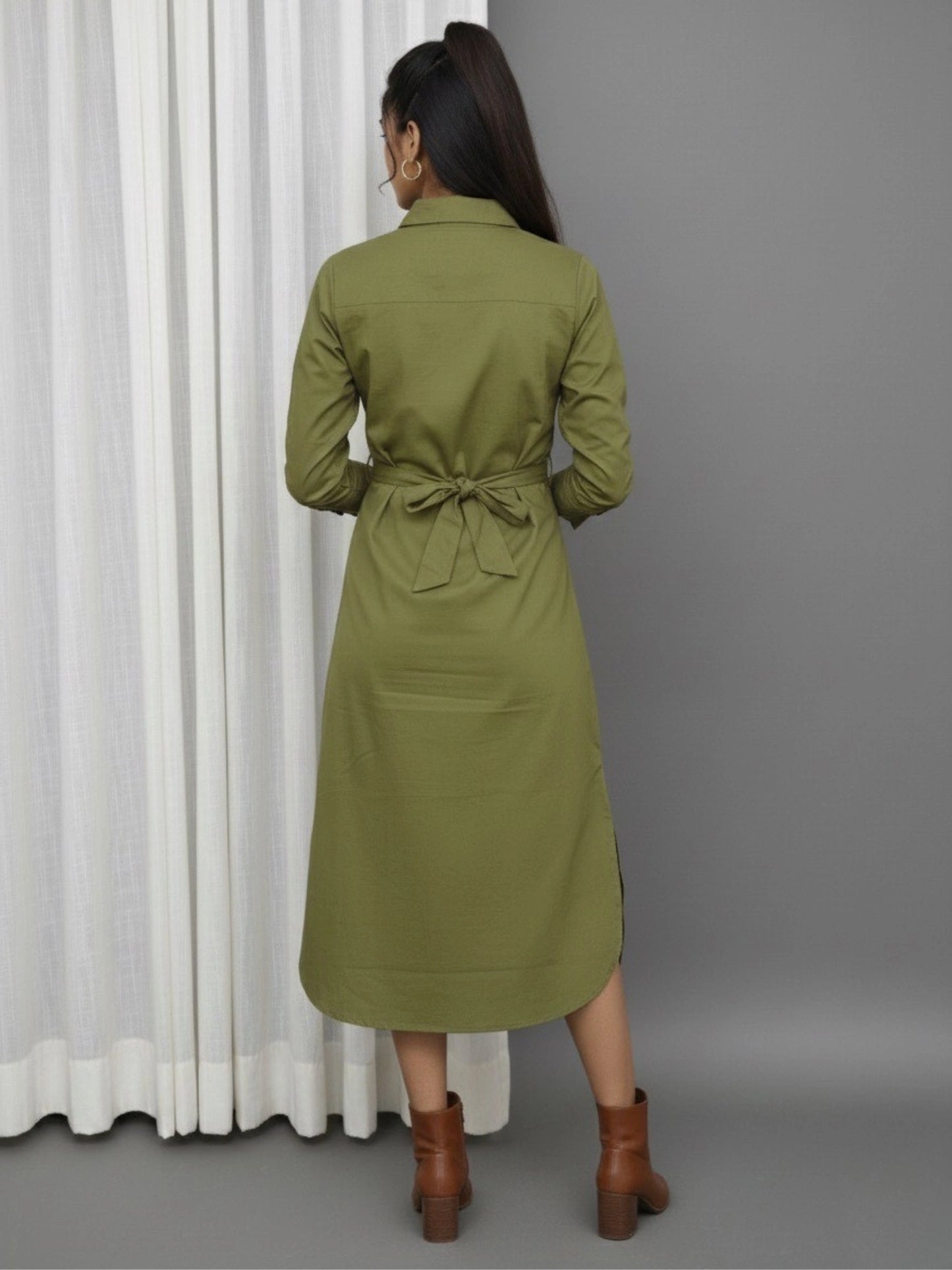 Women Green Side Silt Shirt Dress