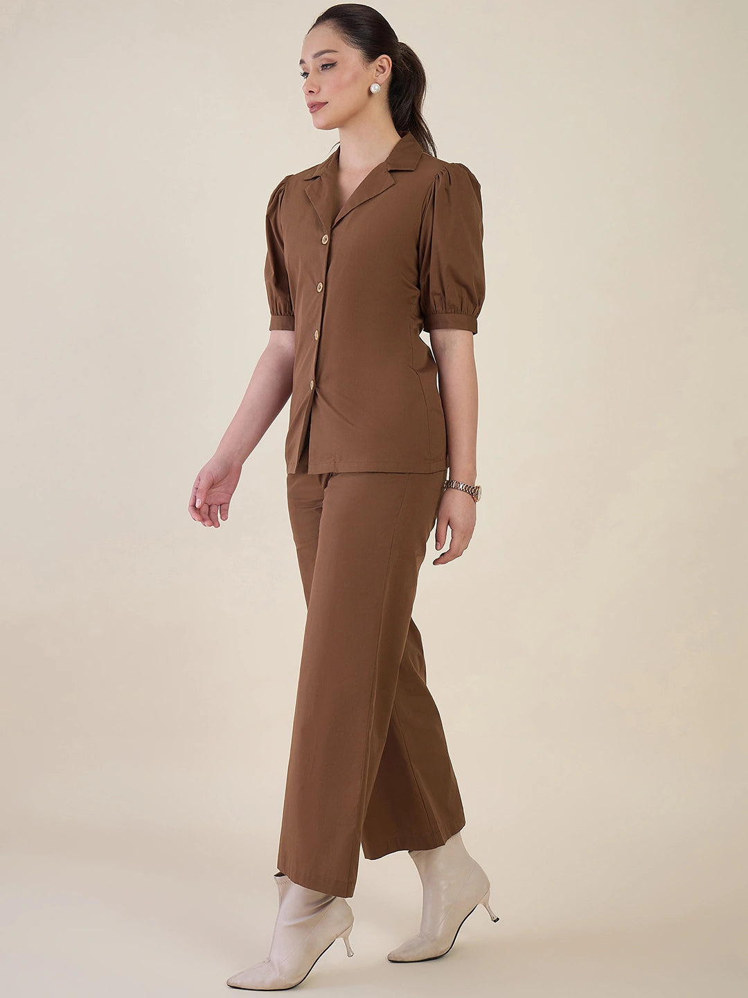 Women Brown Puff Sleeves Co-ord Set
