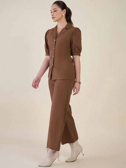 Women Brown Puff Sleeves Co-ord Set