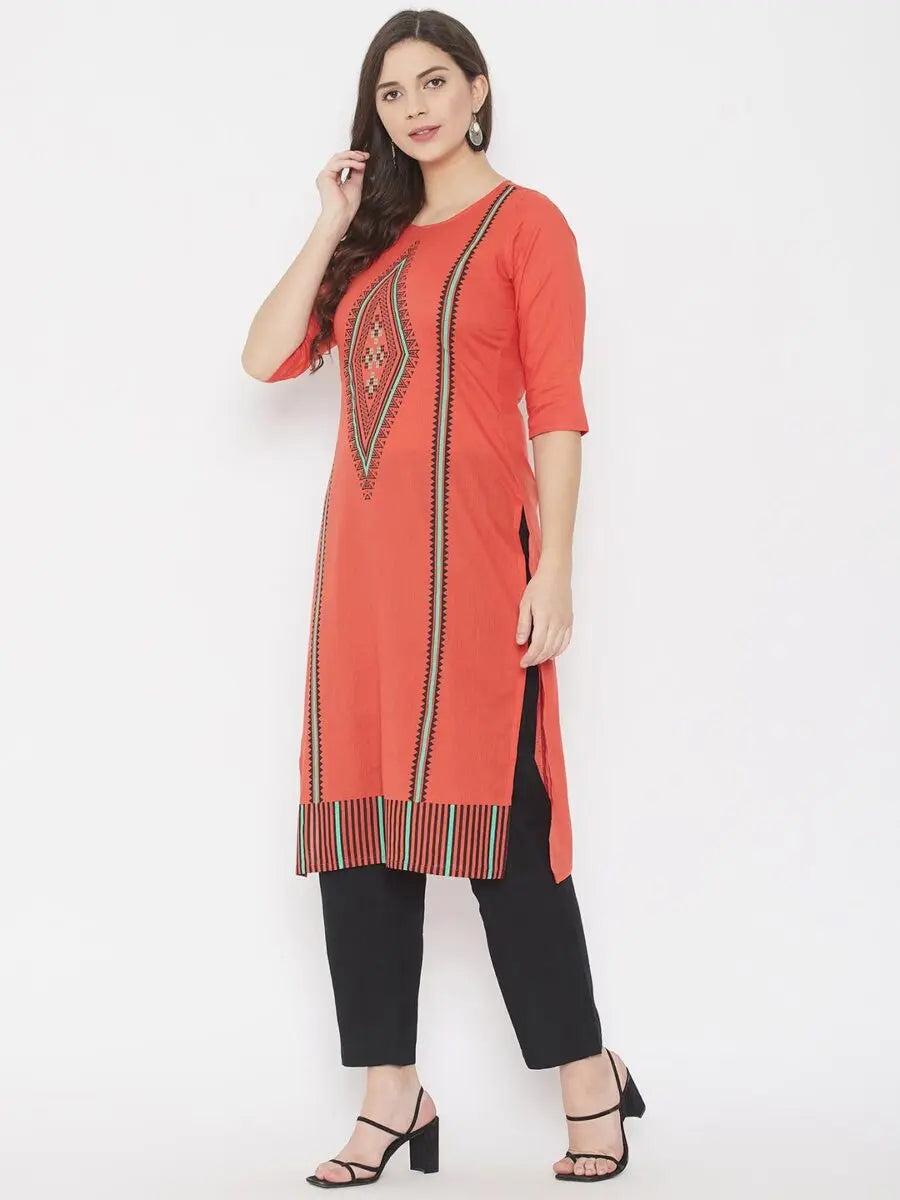 winered-orange-straight-pure-cotton-printed-kurta