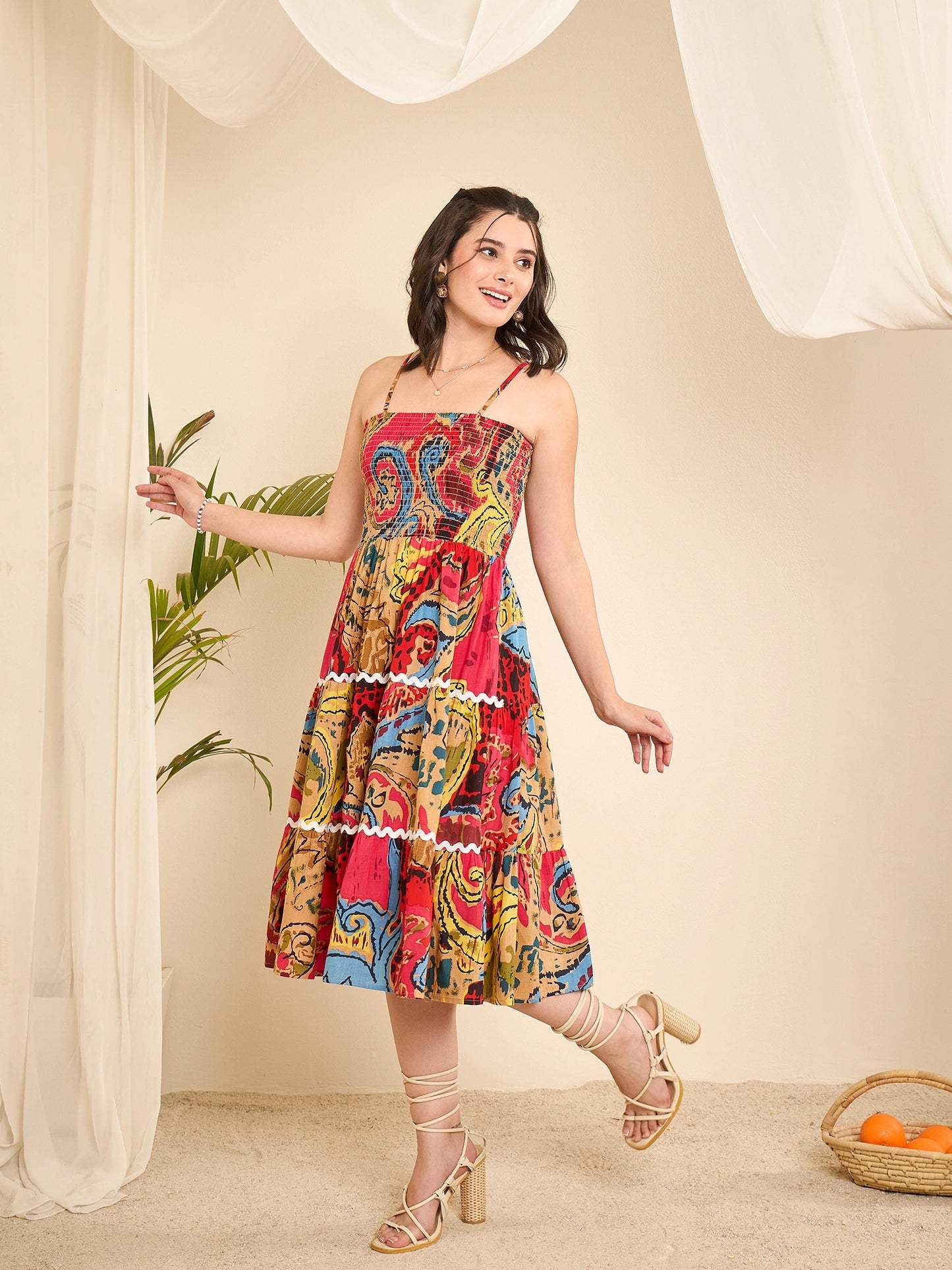Abstract Printed Smocking Tiered Dress