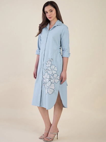 Women Blue Embroidered Button-Down Midi Shirt Dress