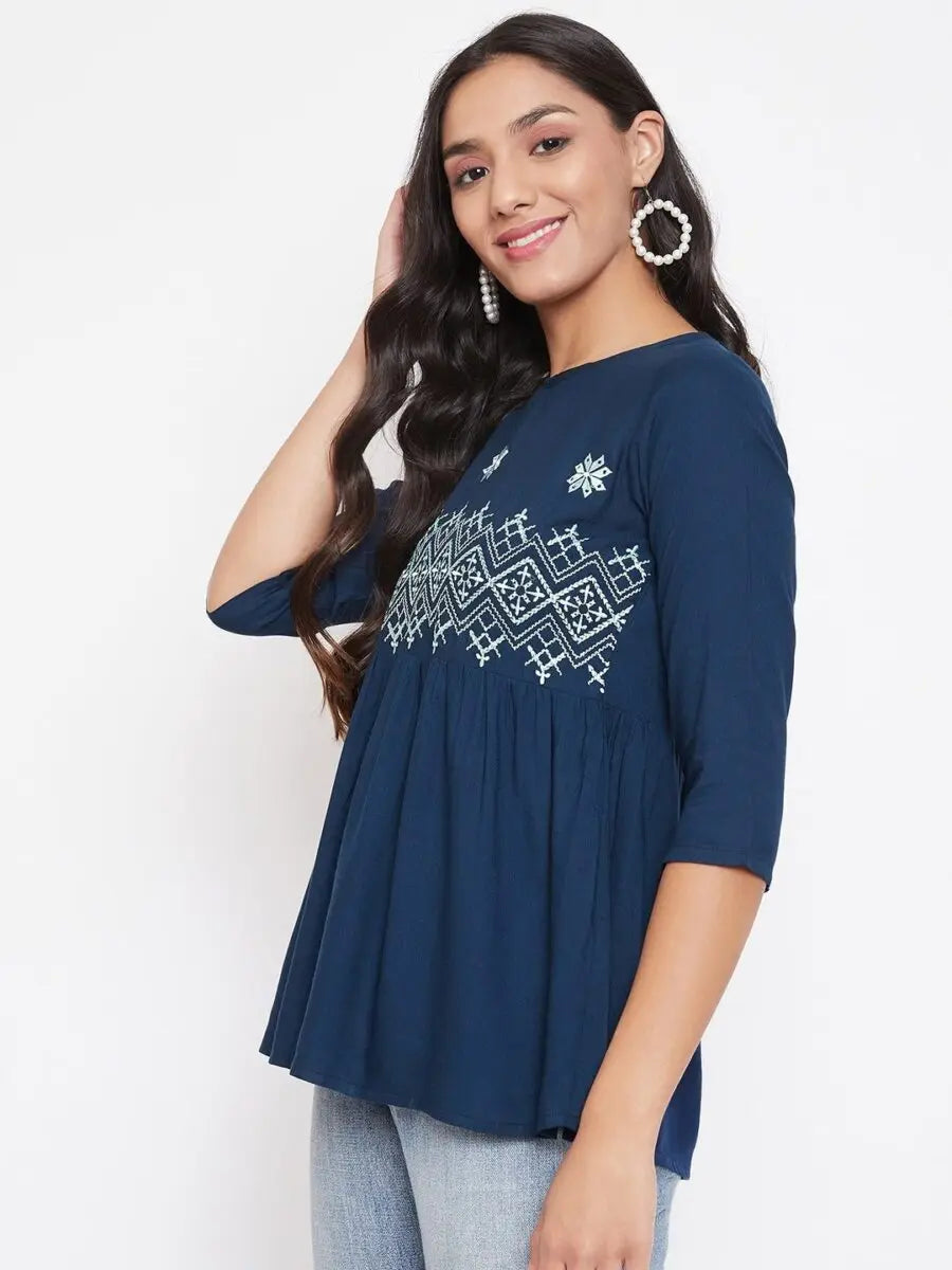 winered-navy-blue-embroidered-rayon-empire-waist-top
