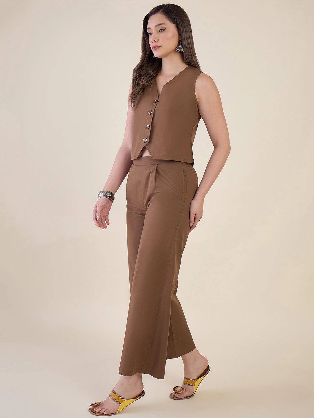 Women Brown Sleeveless Vest Top with Pants Co-ord Set