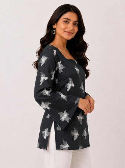 Women's Black Printed Corset Style Short Kurti with Square Neck, Full Bell Sleeves and Adjustable Back Tie-Up for Casual Wear