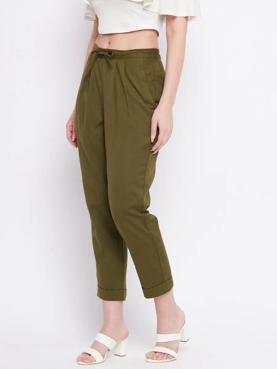 winered-olive-green-regular-fit-cotton-solid-trouser