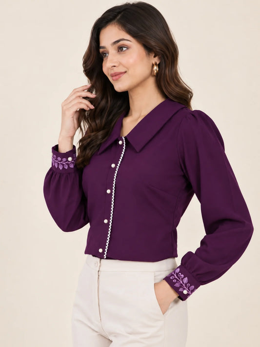 Women Purple Cuff Embroidered  Shirt