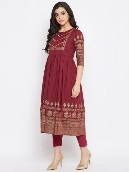 winered-maroon-flared-cotton-floral-print-kurta