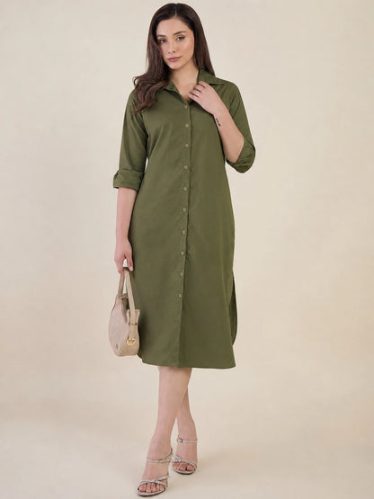 Women Green Side Silt Shirt Dress
