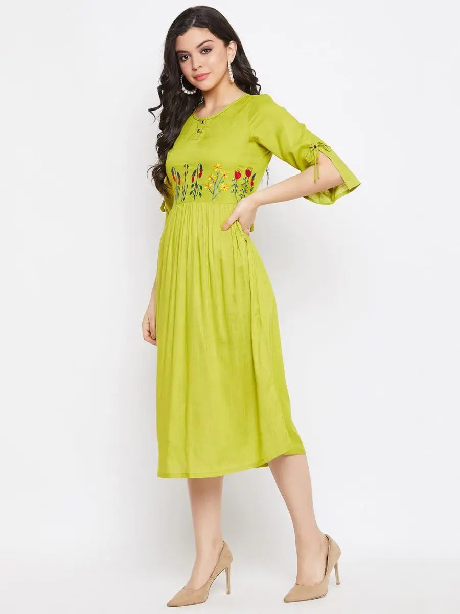winered-green-gathered-rayon-embroidered-dress