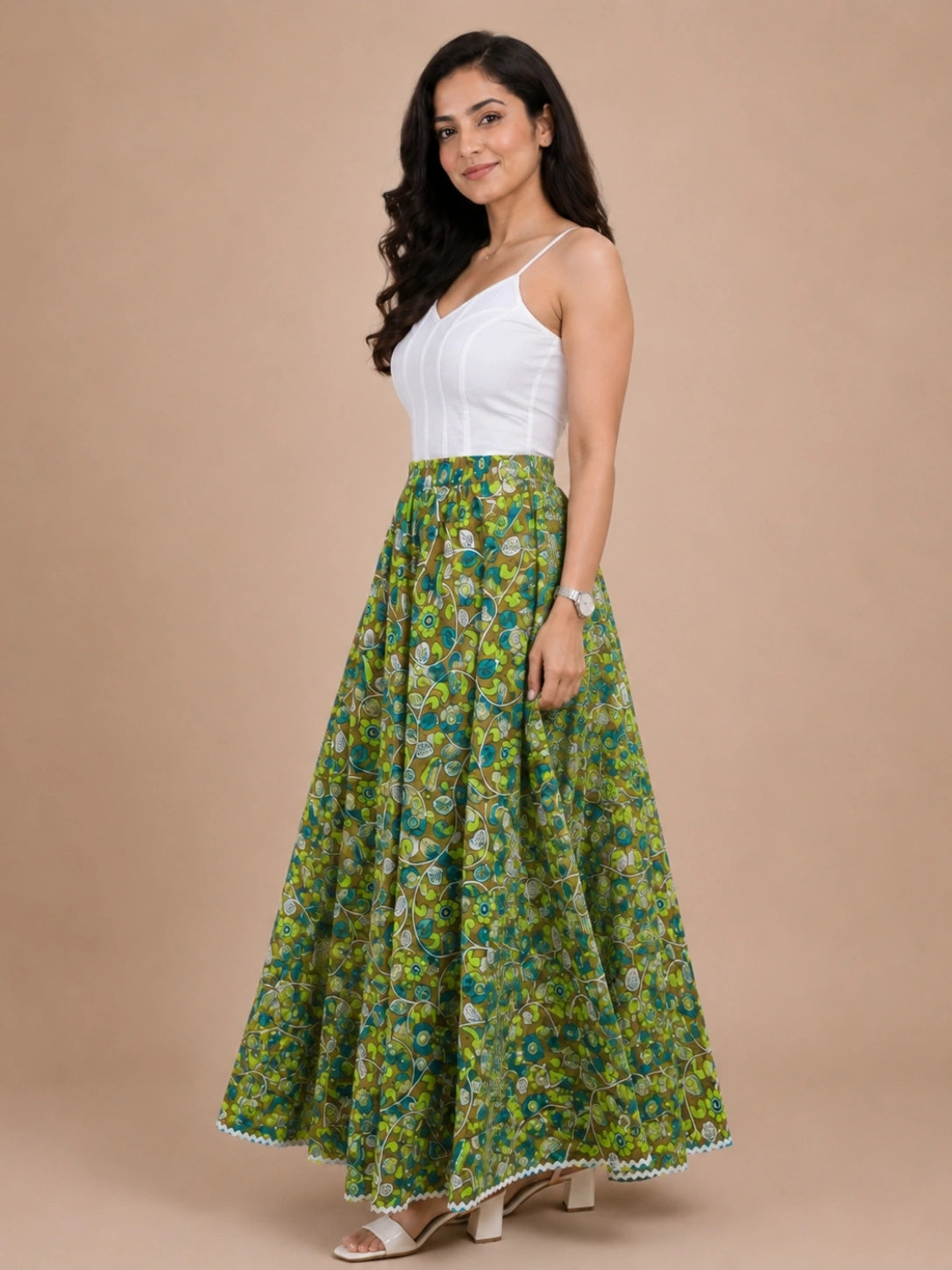 Women Cotton Ethnic Printed Maxi Flared Skirt with Contrast Lace Hem