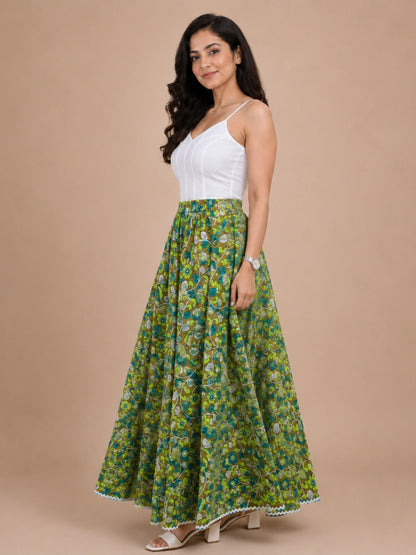 Women Cotton Ethnic Printed Maxi Flared Skirt with Contrast Lace Hem